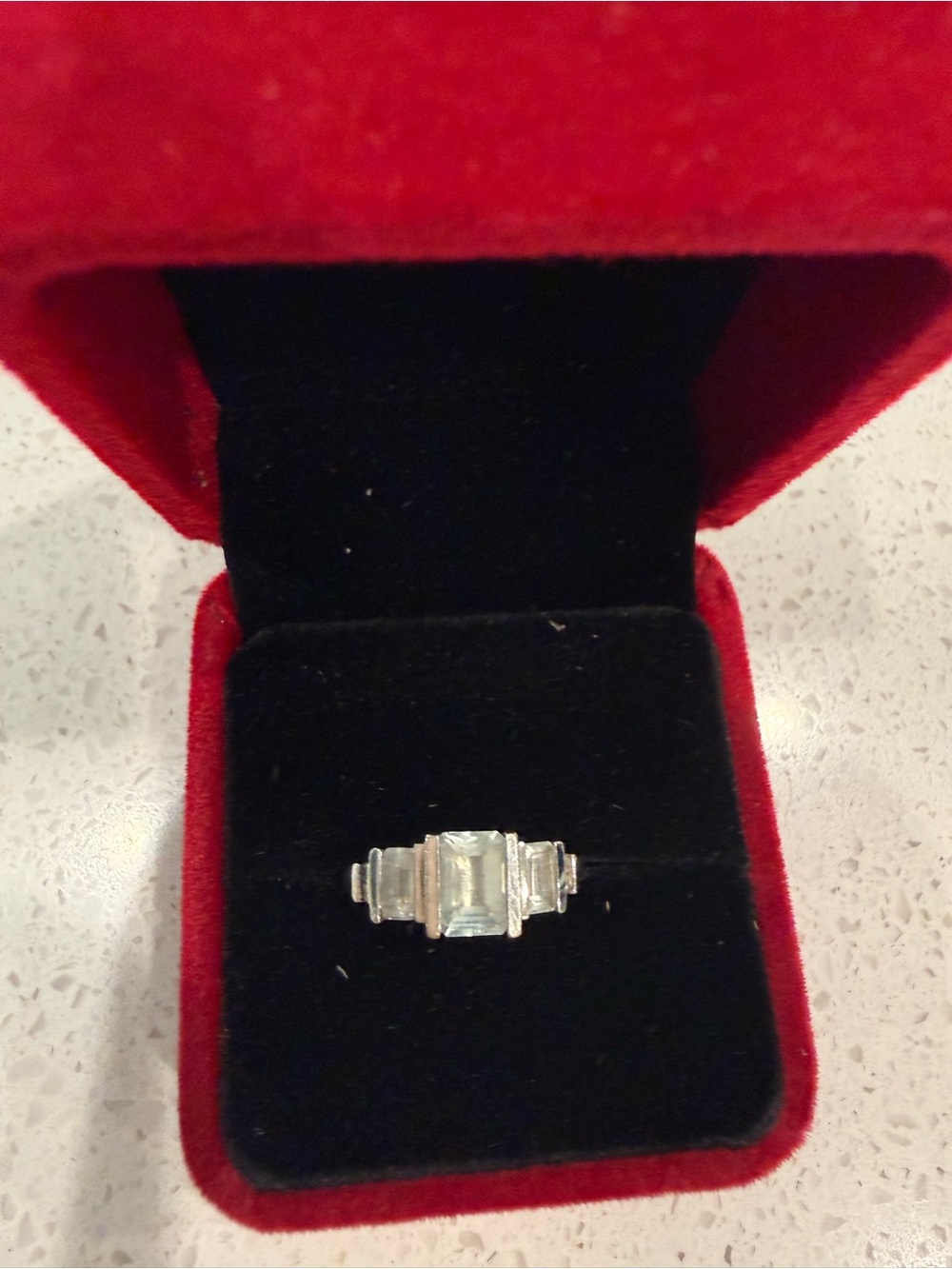 Sterling Silver Art Deco princess cut 3 stone Aquamarine Ring - Blue